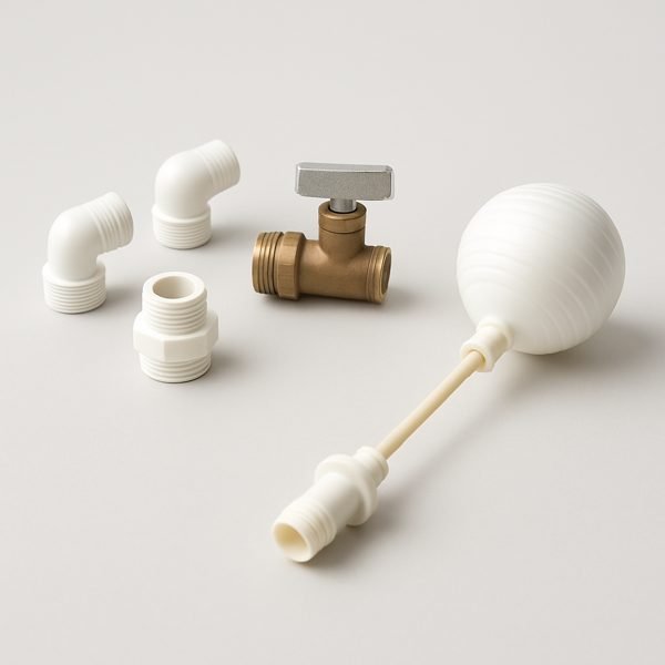 Kit de instalação: adaptadores, registro e boia — imagem ilustrativa