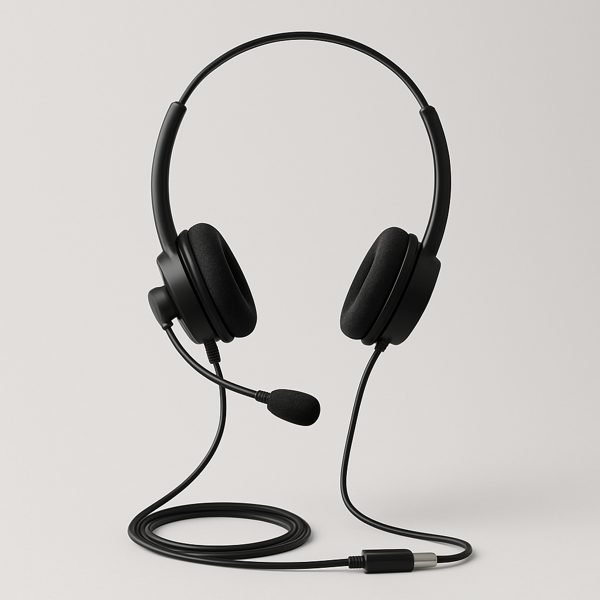 Fone com fio para computador e escrivaninha — imagem ilustrativa