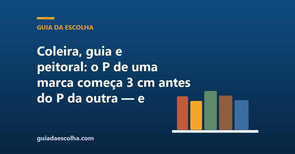 Coleira, guia e peitoral: o P de uma marca começa 3 cm antes do P da outra — e nenhuma ficha publica quanto o mosquetão aguenta