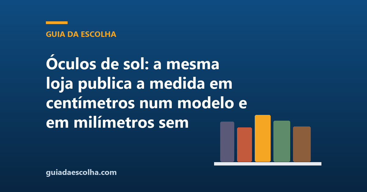 Óculos de sol: a mesma loja publica a medida em centímetros num modelo e em milímetros sem unidade no outro