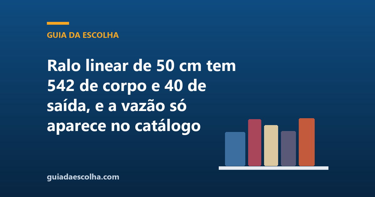Ralo linear de 50 cm tem 542 de corpo e 40 de saída, e a vazão só aparece no catálogo