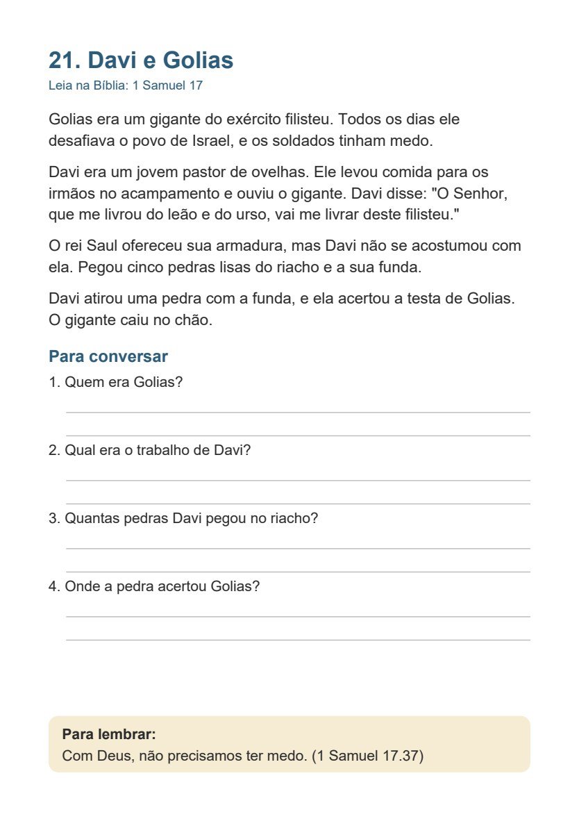 Folha da história de Davi e Golias com perguntas