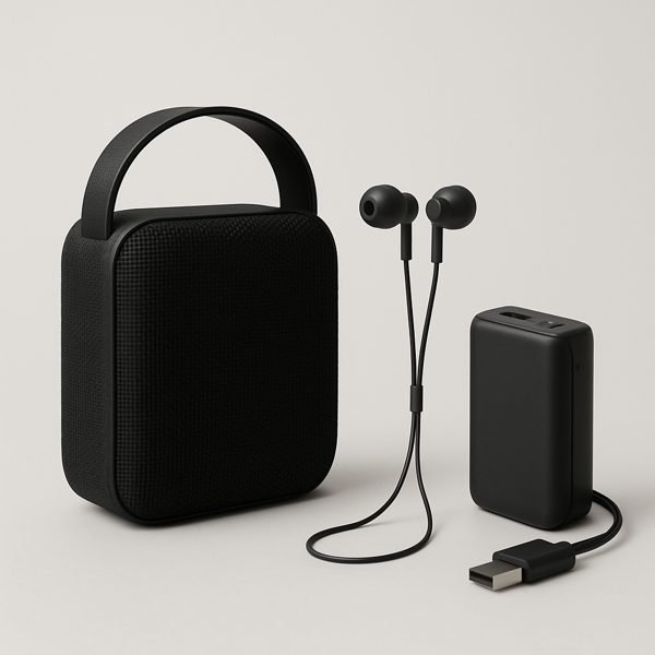 Caixa de som bluetooth, fone de entrada e carregador portátil — imagem ilustrativa