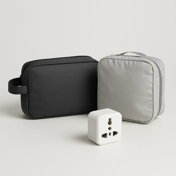 Para quem viaja: necessaire, organizador de mala e adaptador de tomada — imagem ilustrativa