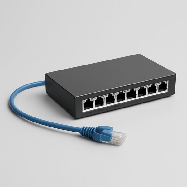 Cabo de rede e switch Gigabit — imagem ilustrativa