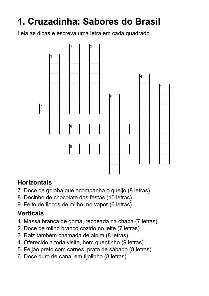 Cruzadinha em letra grande para imprimir: 3 grátis com gabarito
