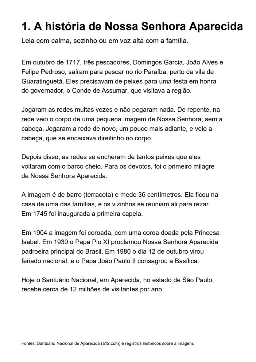 Página da história de Nossa Senhora Aparecida