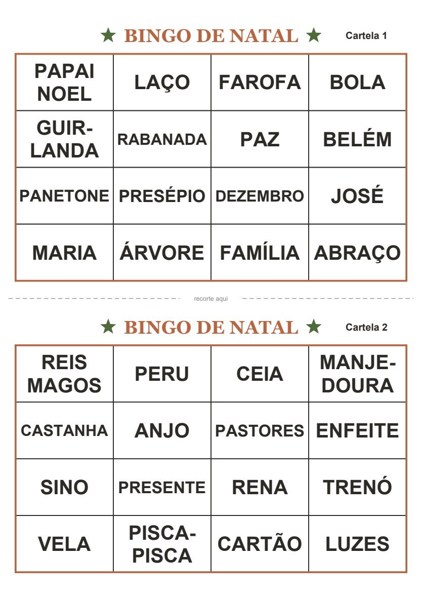 Bingo de Natal para imprimir: 2 cartelas grátis