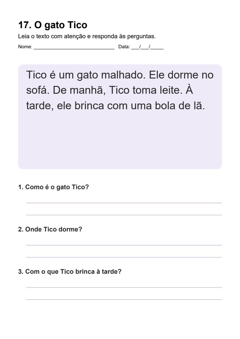 Ficha de leitura com textinho e perguntas