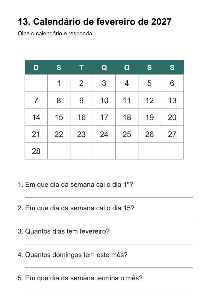 Folha de calendário com perguntas