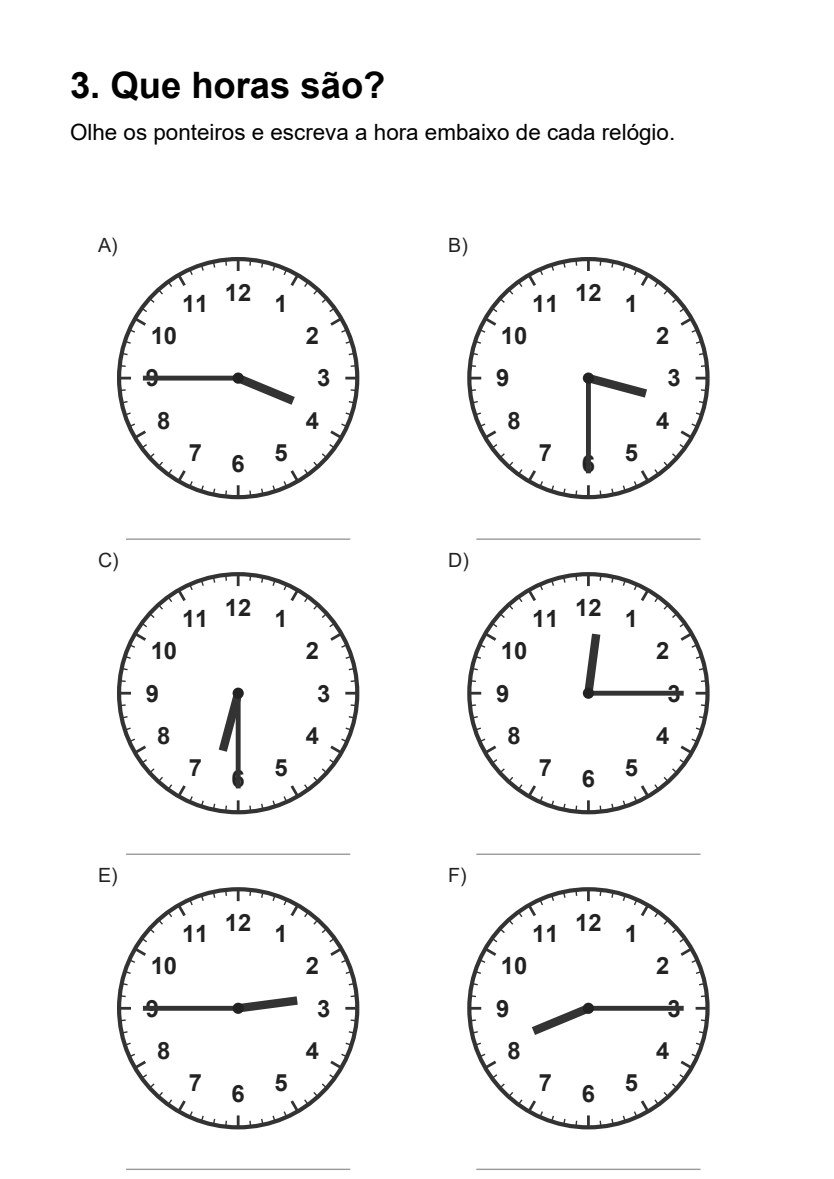 Folha Que horas são? com relógios