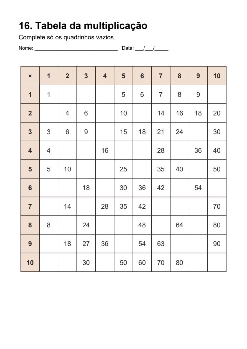 Tabela da multiplicação para completar